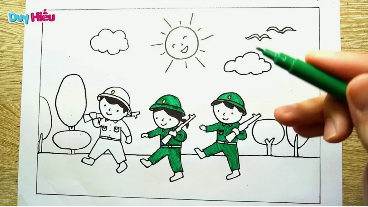 Tranh bộ đội với cờ tranh tô màu chú bộ đội hành quân bên lá cờ