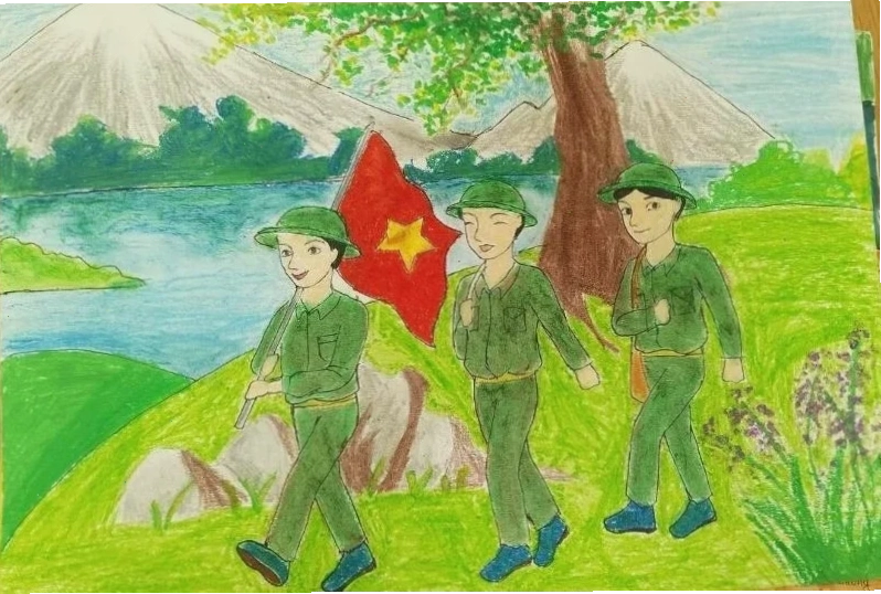 Tranh bộ đội dũng mãnh tranh tô màu chú bộ đội hành quân dũng mãnh