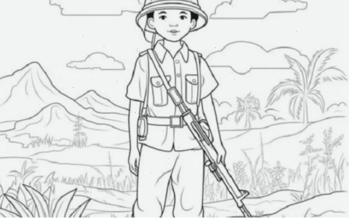 Tranh bộ đội hành quân tranh tô màu chú bộ đội hành quân trong rừng sâu
