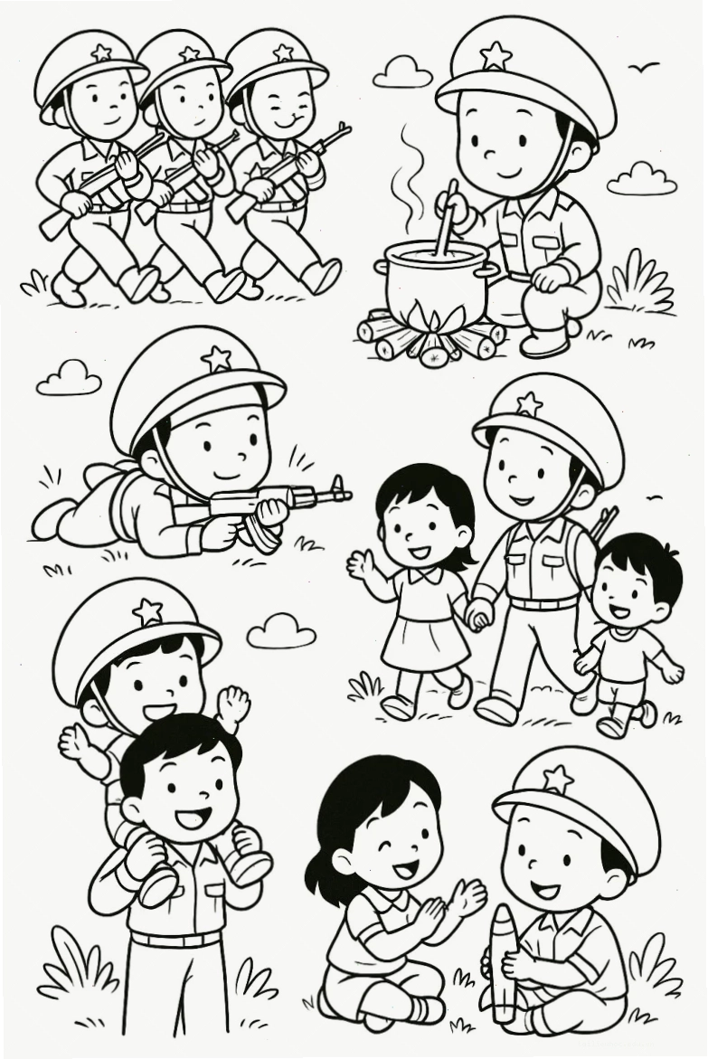 tranh tô màu chú bộ đội việt nam hành quân