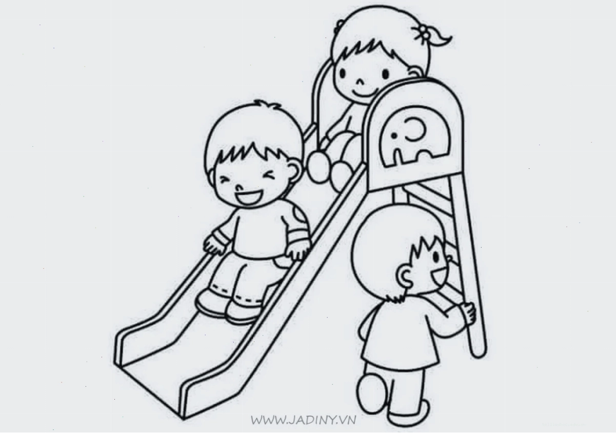 tranh tô màu chủ đề trường mầm non bé chơi xích đu