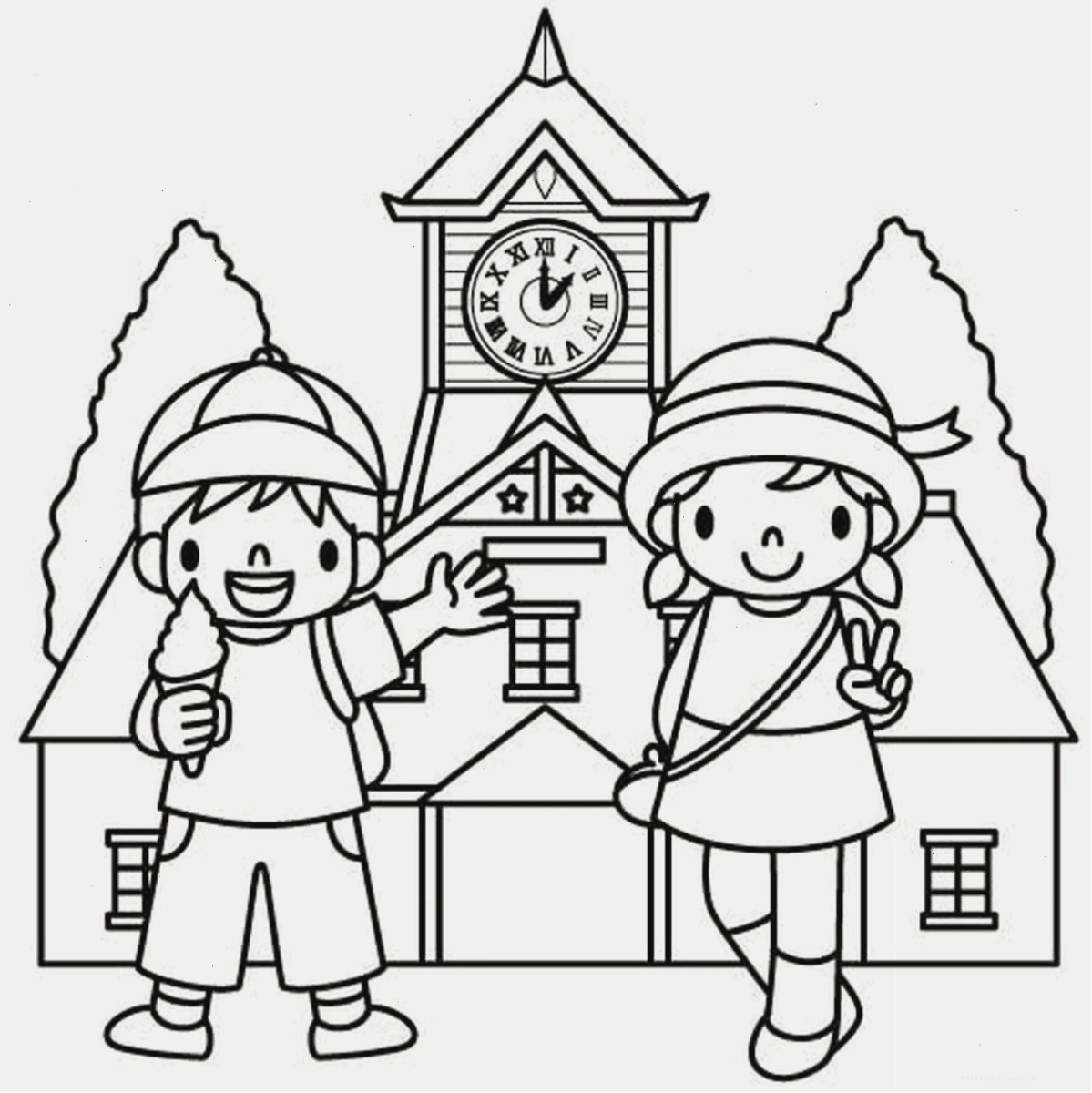 tranh tô màu chủ đề trường mầm non của bé với bàn ghế gỗ