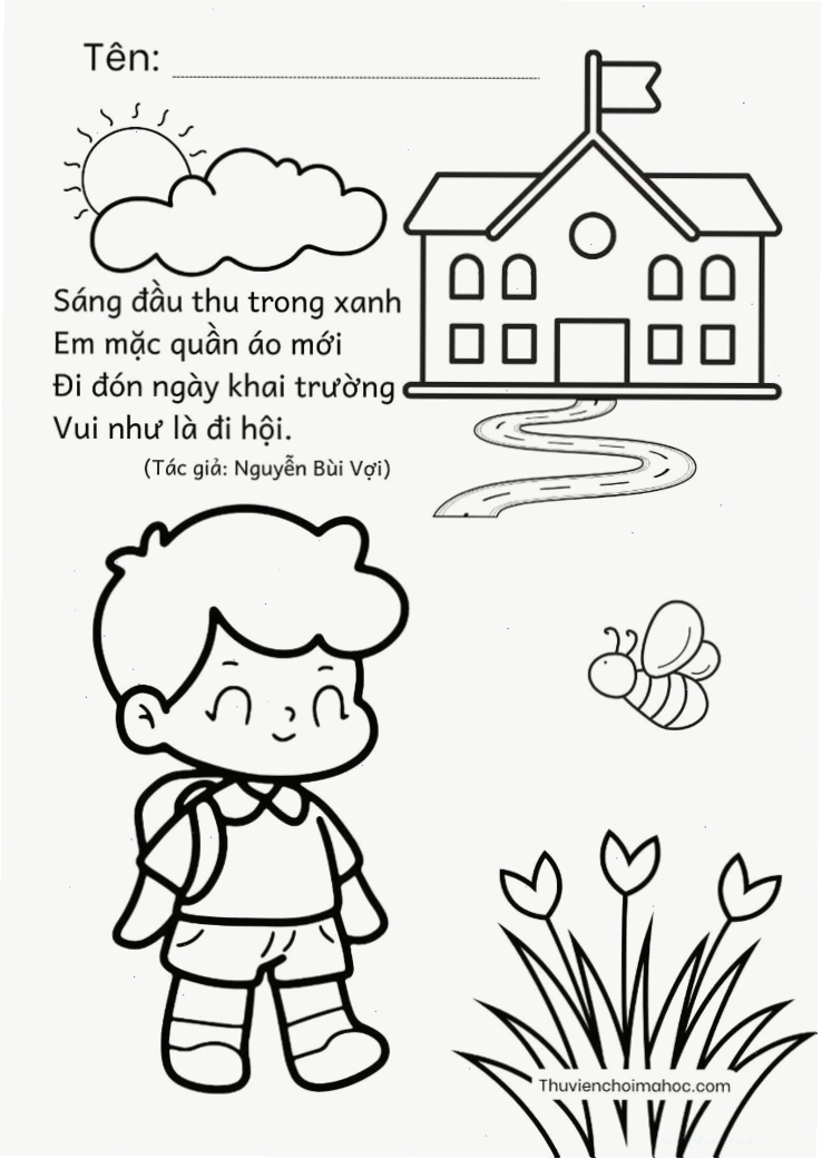tranh tô màu chủ đề trường mầm non của bé với trống trường