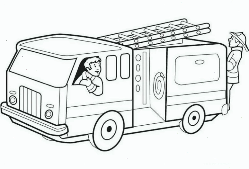 Tranh tô màu chú lính cứu hỏa cạnh xe phun nước