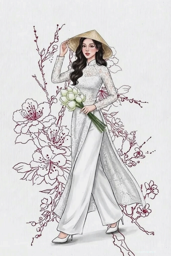 nụ cười cô giáo tranh tô màu cô gái mặc áo dài cười tươi