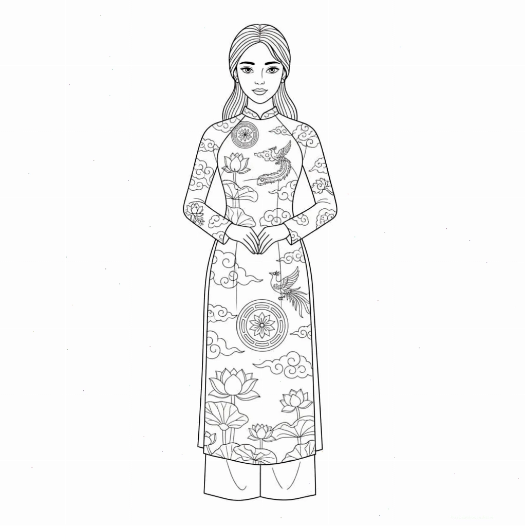 tranh tô màu giáo viên tranh tô màu cô gái mặc áo dài vui vẻ cùng các bé