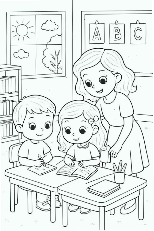 cô giáo dắt tay bé vào lớp tranh tô màu cô giáo mầm non đón trẻ