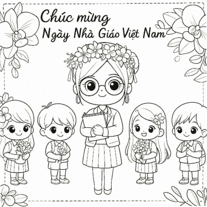 tranh tô màu cô giáo và bé tưới cây