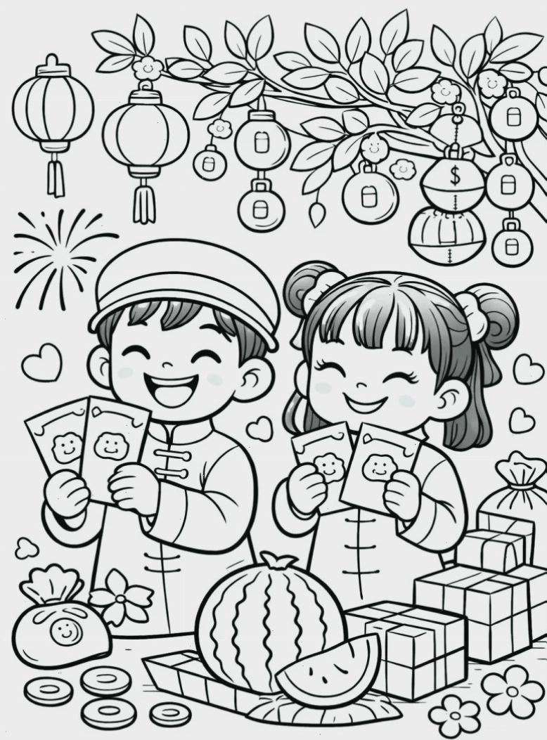 tranh tô màu gia đình ngày tết bé cùng mẹ lau nhà