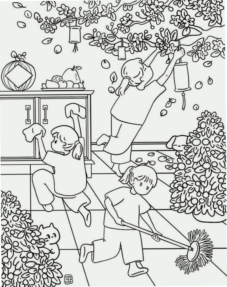 tranh tô màu gia đình ngày tết bé hái lộc xuân