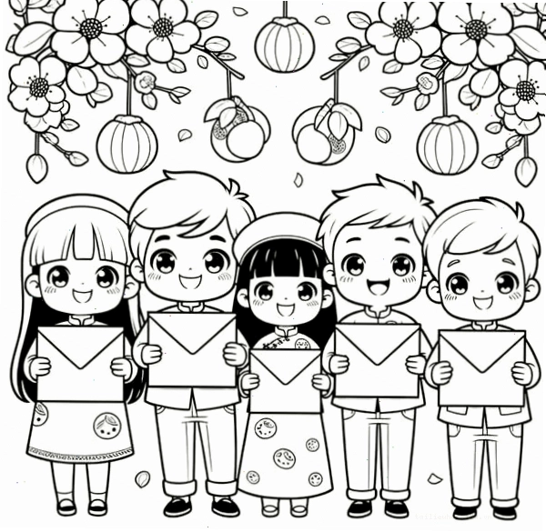 tranh tô màu gia đình ngày tết hình ảnh mâm ngũ quả