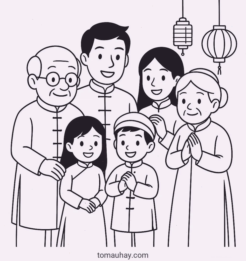 tranh tô màu gia đình ngày tết hình ảnh múa lân