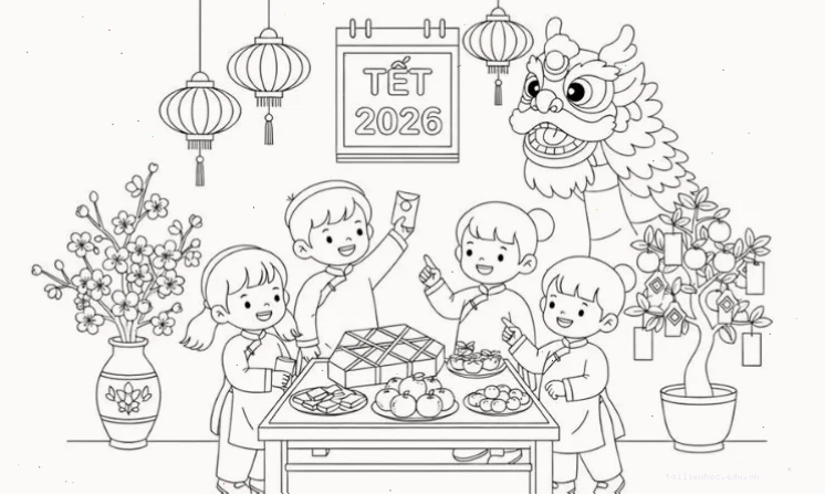 tranh tô màu gia đình ngày tết hình ông đồ viết chữ