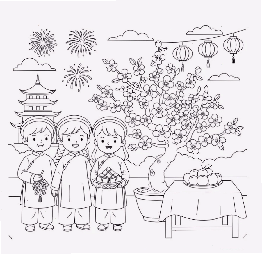 Cành mai khoe sắc tranh tô màu ngày tết nguyên đán hình mai vàng