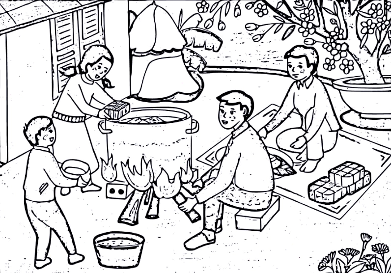 Tranh chợ hoa xuân tranh tô màu ngày tết quê em chủ đề chợ hoa