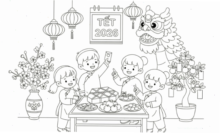Tranh nhà cổ tranh tô màu ngày tết quê em với ngôi nhà cổ