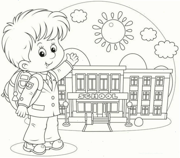 tranh tô màu ngôi trường tiểu học hành lang dài
