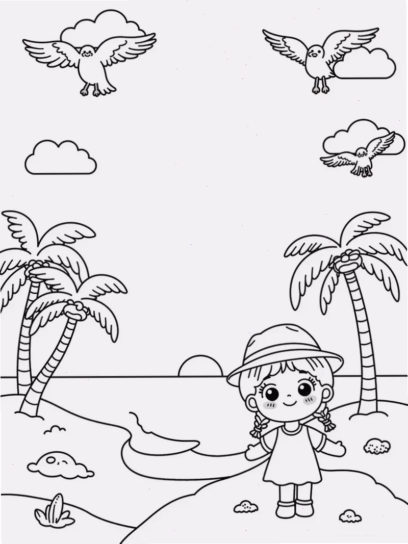 tranh tô màu phong cảnh bãi biển với chú cua nhỏ