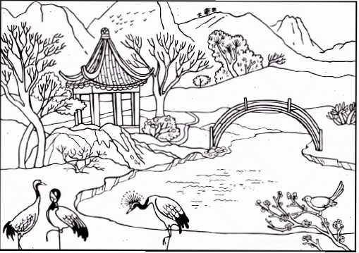 tranh tô màu phong cảnh mùa xuân cầu gỗ