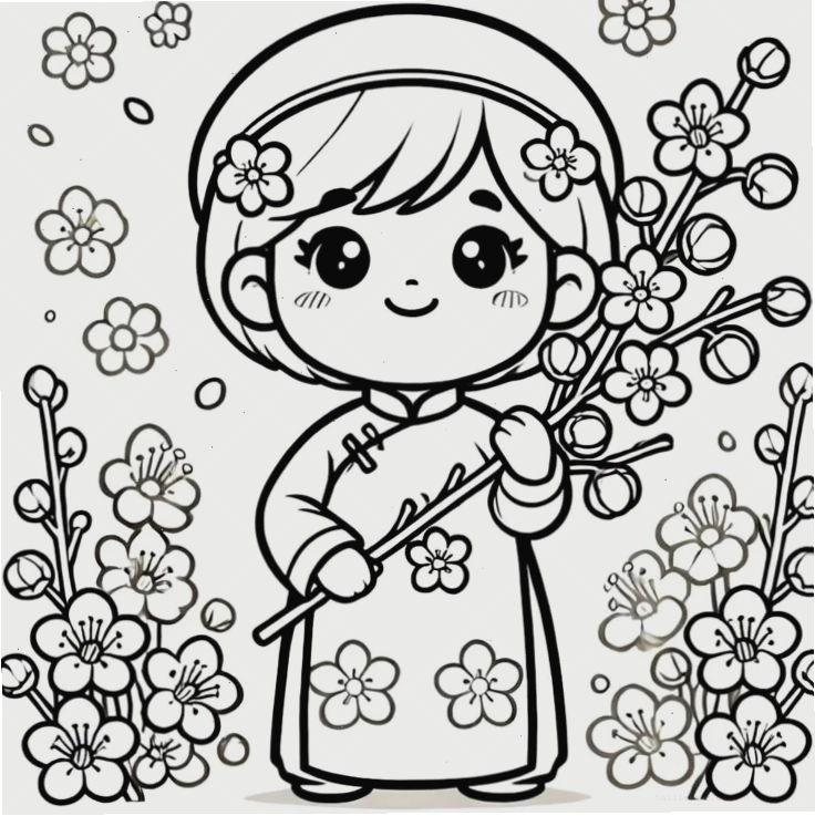 bé diện áo dài tranh tô màu tết mùa xuân