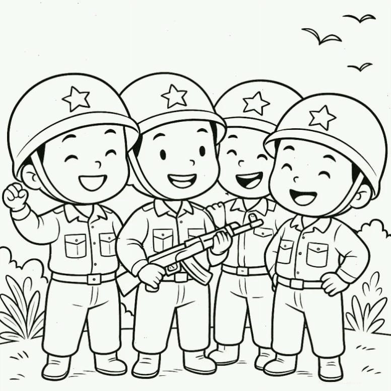 Chú bộ đội hành quân tranh tô màu trang phục chú bộ đội hành quân