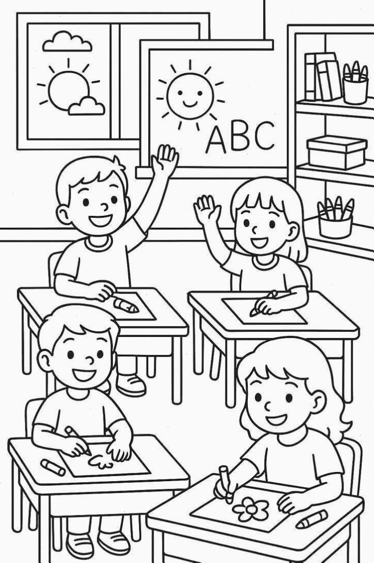 Sân trường tiểu học rộng lớn Tranh tô màu về trường tiểu học với khung cảnh sân trường rộng lớn
