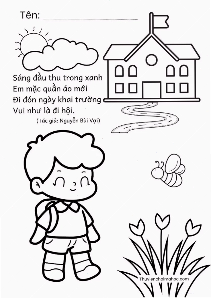 tranh vẽ trường mầm non cho trẻ tô màu cảnh cổng trường thân thuộc